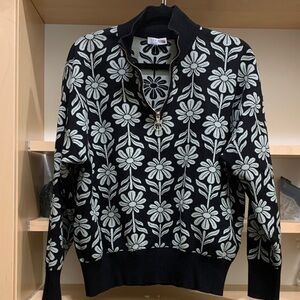 Sandro Black and Slight Green almost White Floral Zip-Up Sweater